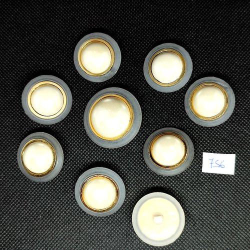 9 boutons en résine blanc doré et transparent - vintage - 35mm et 28mm - tr756