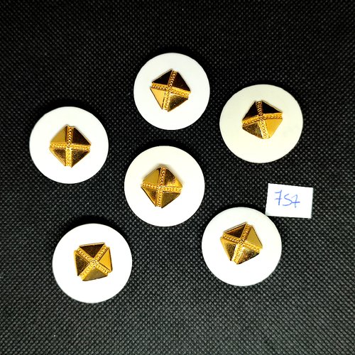 6 boutons en résine blanc et doré - vintage - 32mm - tr757