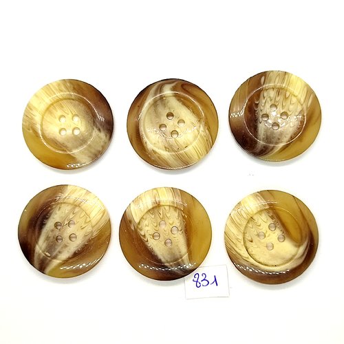 6 boutons en résine beige et marron - vintage - 36mm - tr831