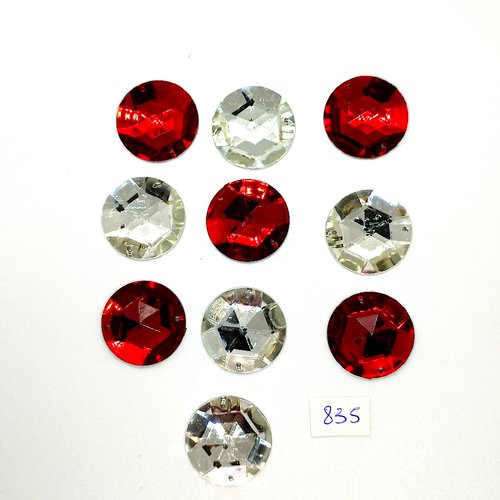 10 pierres strass en acrylique à coudre rouge et transparent - 2 trous - 25mm - vintage - tr835