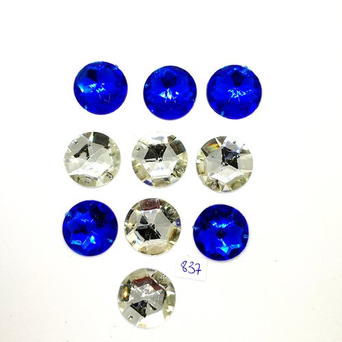 10 pierres strass en acrylique à coudre bleu et transparent - 2 trous - 25mm - vintage- tr837