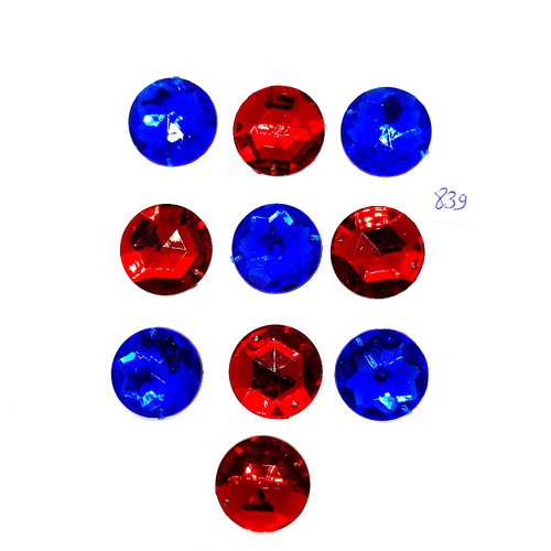 10 pierres strass en acrylique à coudre bleu et rouge - 2 trous - 25mm - vintage- tr839