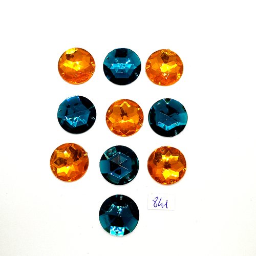 10 pierres strass en acrylique à coudre orange et vert émeraude - 2 trous - 25mm - vintage- tr841