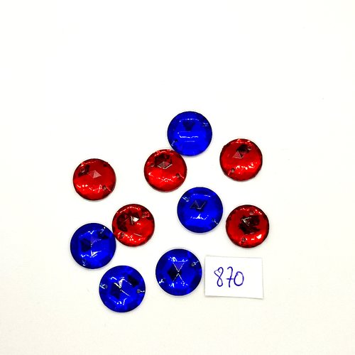 10 pierres strass en acrylique à coudre rouge et bleu - 2 trous - 14mm - vintage- tr870