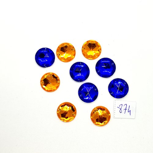 10 pierres strass en acrylique à coudre orange et bleu - 2 trous - 14mm - vintage- tr874