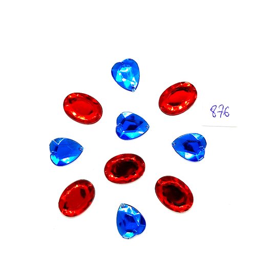10 pierres strass en acrylique à coudre bleu et rouge - 2 trous - 13x15mm et 18mm- vintage- tr876