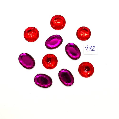 10 pierres strass en acrylique à coudre rouge 14mm et violet  13x18mm - 2 trous - vintage- tr882