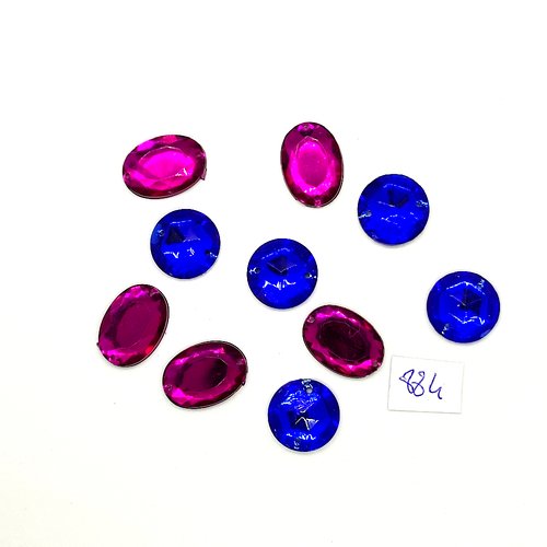 10 pierres strass en acrylique bleu  14mm et violet  13x18mm - 2 trous - vintage- tr884