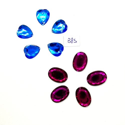 10 pierres strass en acrylique bleu 13x15mm et violet 13x18mm - 2 trous - vintage- tr885