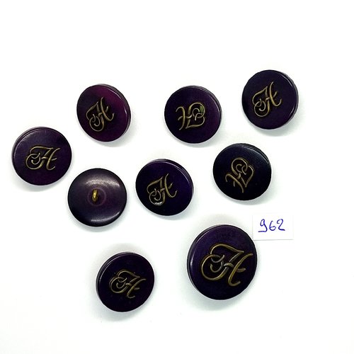 9 boutons en résine violet et métal bronze  - vintage - 28mm 23mm - tr962