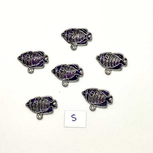 6 breloques poisson violet - métal & émail - 14x20mm - 138-5