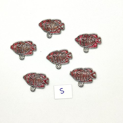 6 breloques poisson rose - métal & émail - 14x20mm - 138-5