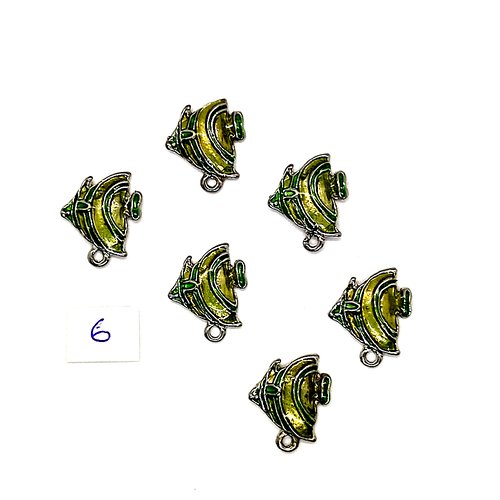 6 breloques poisson vert - métal & émail - 14x17mm - 138-6