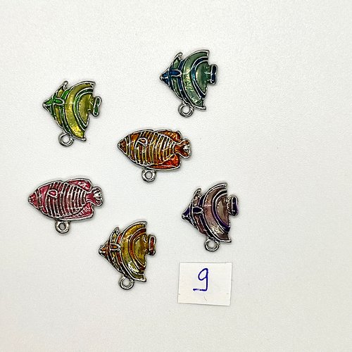 6 breloques poisson multicolore - métal & émail - 14x17mm et 14x20mm - 138-9