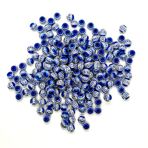 200 perles en métal argenté et bleu - 6mm
