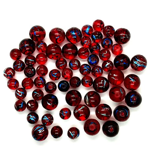65 perles en verre rouge foncé et argenté - 13mm et 10mm