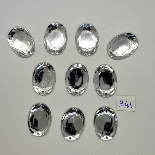 10 pierres strass en acrylique à coudre argenté - 2 trous - 18x25mm - vintage- tr941