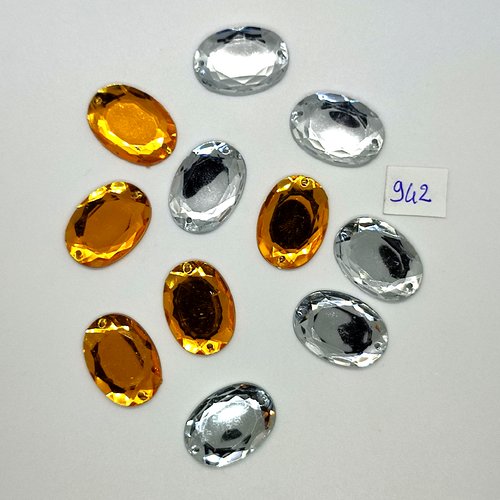 10 pierres strass en acrylique à coudre orange et argenté - 2 trous - 18x25mm - vintage- tr942