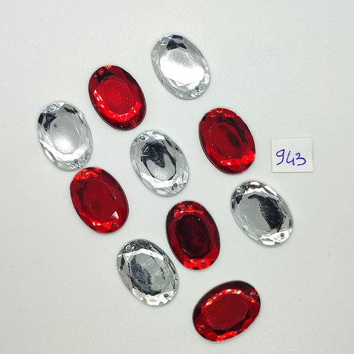 10 pierres strass en acrylique rouge et argenté - 2 trous - 18x25mm - vintage- tr943