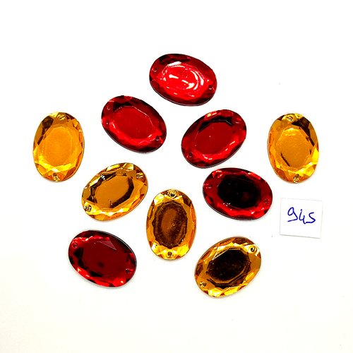 10 pierres strass en acrylique orange et rouge - 2 trous - 18x25mm - vintage- tr945