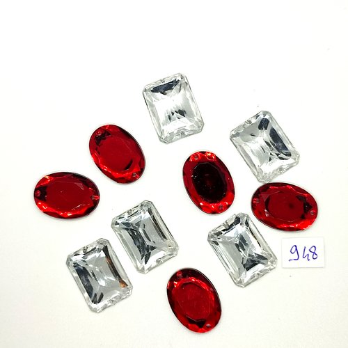 10 pierres strass en acrylique argenté et rouge - 2 trous - 18x24mm et 18x25mm - vintage- tr948