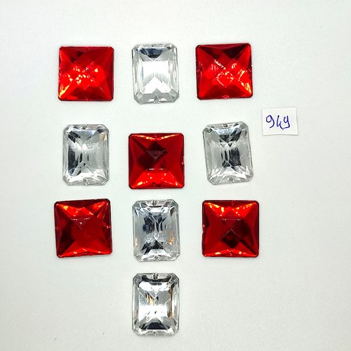10 pierres strass en acrylique argenté et rouge - 2 trous - 18x24mm et 22x22mm - vintage- tr949