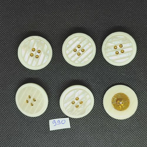6 boutons en résine beige / ivoire et doré - vintage - 30mm - tr990