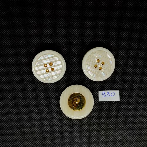 3 boutons en résine beige / ivoire et doré - vintage - 30mm - tr990