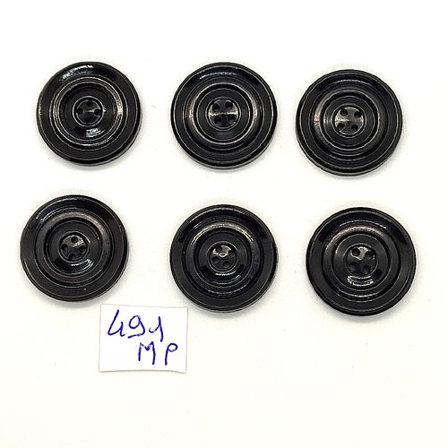 6 boutons en résine noir - vintage - 22mm - 491mp