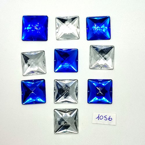 10 pierres strass en acrylique bleu et transparent - vintage - 20x20mm - tr1056
