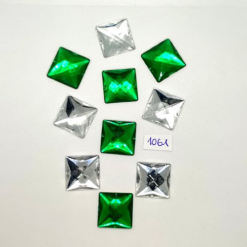 10 pierres strass en acrylique vert et transparent - vintage - 20x20mm - tr1061