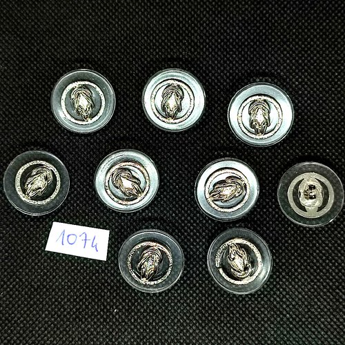 9 boutons en résine argenté et transparent - vintage - 21mm - tr1074