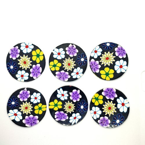 6 pendentifs en pate polymère noir et fleur multicolore - 47mm - 139