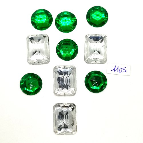 10 pierres strass en acrylique vert et transparent - vintage - 18x24mm et 18mm - tr1105