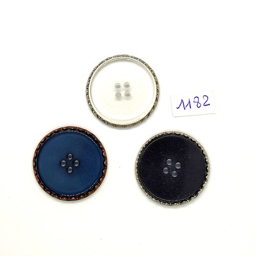 3 boutons en résine transparent noir et bleu le tour en métal argenté et cuivre - vintage - 33mm - tr1182
