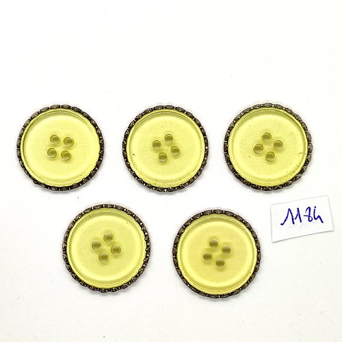 5 boutons en résine jaune le tour en métal argenté - vintage - 25mm - tr1184