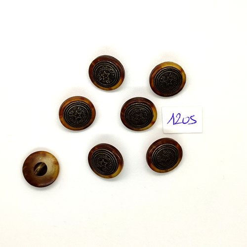 7 boutons en résine marron et métal  bronze - vintage - 15mm - tr1205