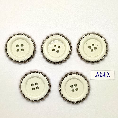 5 boutons en résine blanc le tour en métal argenté - vintage - 25mm - tr1212