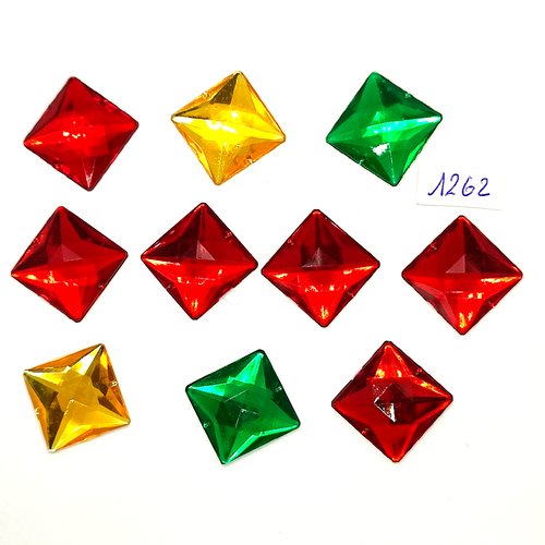 10 pierres strass en acrylique vert jaune rouge - vintage - 20x20mm - tr1262