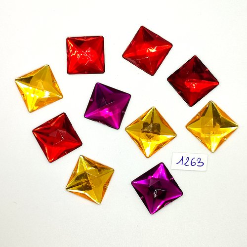 10 pierres strass en acrylique violet jaune rouge - vintage - 20x20mm - tr1263