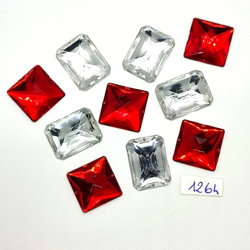 10 pierres strass en acrylique rouge 20x20mm et transparent 18x24mm - vintage - tr1264