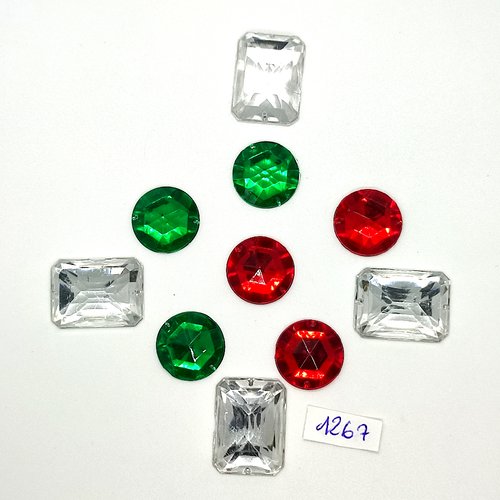 10 pierres strass en acrylique transparent 18x24mm vert et rouge 18mm - vintage - tr1267