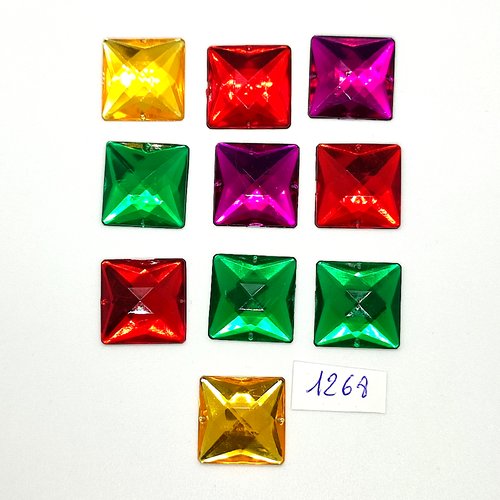 10 pierres strass en acrylique rouge vert violet et jaune - 20x20mm - vintage - tr1268