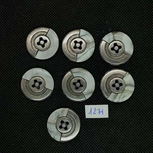 7 boutons en résine gris / blanc et argenté - vintage - 26mm - tr1271