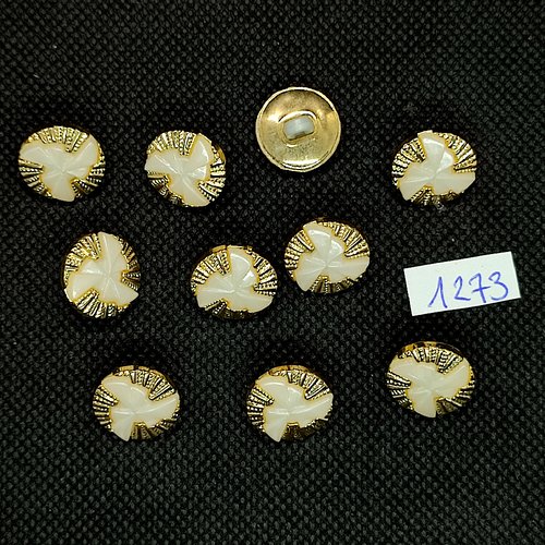 10 boutons en résine blanc et doré - vintage - 15mm - tr1273