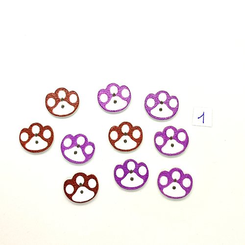 10 boutons fantaisies en bois - patte d'ours lilas et marron - 14x16mm - bri1027-1