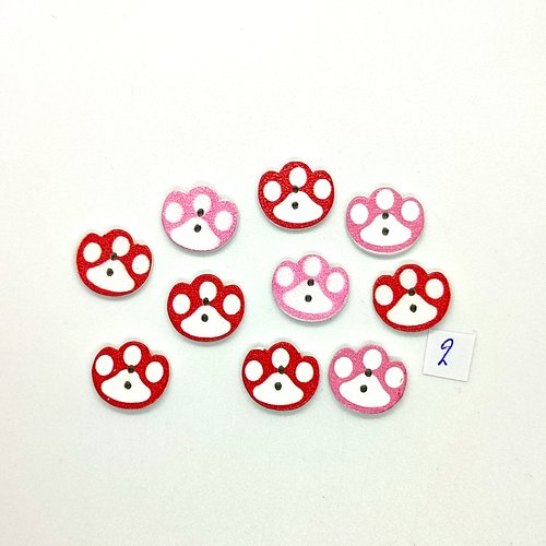 10 boutons fantaisies en bois - patte d'ours rouge et rose - 14x16mm - bri1027-2