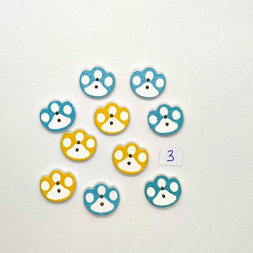 10 boutons fantaisies en bois - patte d'ours bleu et jaune - 14x16mm - bri1027-3