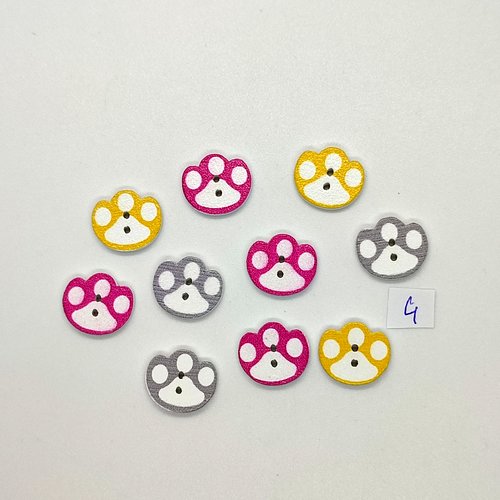10 boutons fantaisies en bois - patte d'ours jaune gris et fuchsia - 14x16mm - bri1027-4