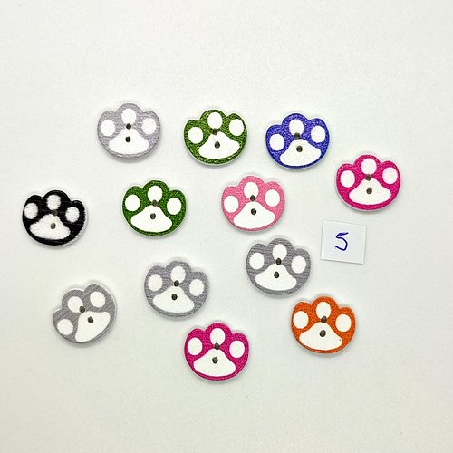 10 boutons fantaisies en bois - patte d'ours multicolore - 14x16mm - bri1027-5
